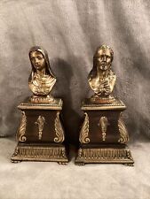 RARE Vintage Brass Bookends Statues Sacred Heart Mary & Jesus AVE MARIA GROTTO picture