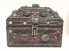 Moroccan Jeweled Box Jewelry Trinket Wedding Silvered Chest Vintage Stone Metal picture