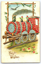 EMBOSSED TRAIN MADE OF FLOWERS BEST WISHES EARLY 1900'S DB POSTCARD picture