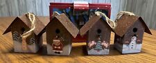 Vintage Rustic Bird House Ornaments Metal Roof Folk Art Snowmen Santa Set Of 4 picture
