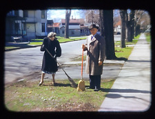 VTG 1949 Kodachrome Slide Red Border Elderly Man And Woman Sweeping The Yard picture