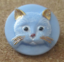 1 - Czech Glass White Cat Face on a Round Blue UV Reactive Button #58 25.51mm picture