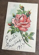 Hand-Done Antique Postcard Easter greetings 1907 Red Rose picture