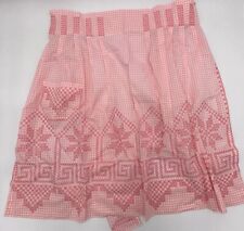 Vintage Handmade Waist Apron Pink & White Gingham With Pocket & Embroidery picture