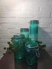 VINTAGE EMERALD GREEN GLASS RIBBED CANISTER SET W/WIRE BAIL LID SET OF 4 picture