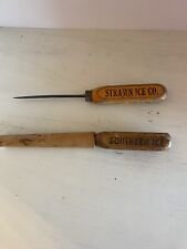 2 Antique Wooden Handle Ice Picks Strawn & Southern Ice Co With Wooden Holder picture
