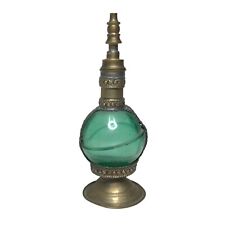 Moorish Moroccan Antique Green Glass & Brass Perfume Rose Water Sprinkler Bottle picture