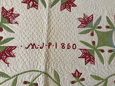 Antique Red and Green Applique Quilt - Signed & Dated 1850 - Beautiful Quilting picture