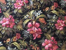 Antique French Botanical Floral Exotic Orchid Cotton Fabric ~Black Fuchsia Blue  picture