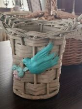 ANTIQUE WICKER BARBOLA BLUE BIRD WITH A ROSE, BASKET 16” RARE DOUBLE-SIDED picture
