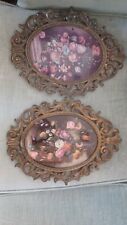2 Vintage Oval Brass Frame Floral Picture in Convex Bubble Glass Made In Italy H picture