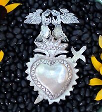 Naive Sacred Heart Sword & Two Angels Sterling Pendant Handmade Mexican Folk Art picture