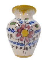 VTG. Portugal Handcrafted signed Art Pottery Blue Yellow Floral Vase drip Rim picture