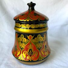 Russian Khokhloma Large Container With Lid Handpainted Wood, 8” tall, 6” wide picture