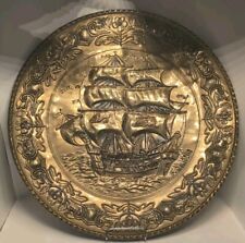 Schooner War Ship Wall Hangings Hammered Copper Plate 16 3/4” Round  Vintage picture