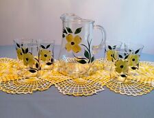 Vintage Hand Painted Yellow Flower Clear Glass Pitcher/Glasses picture