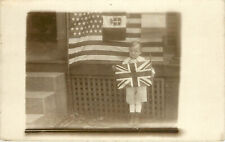 RPPC Postcard Boy Holds A British Union Jack in Front of American & Italy Flag picture