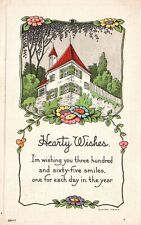 Vintage Postcard 1915 Hearty Wishes Greetings House Sunflowers Landscape Design picture