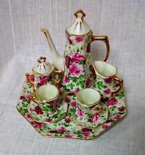 Miniature Porcelain Tea Coffee Set Rose Print Gold Trim 1/3 Scale BJD Doll picture