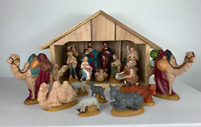 20 Piece Handpainted Handmade Nativity Set w/ Wood Manger Ceramic Figures picture