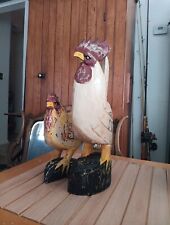 Hand Carved & Painted Wooden Rooster And Chicken From Thailand Vintage 20