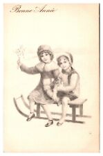 1923 Bonne Annee, French, Happy New Year, Two Kids on Sled, Postcard picture