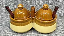 Jelly Jam Sugar Cream Crock Connected Double Bowl Vintage Brown Tan with Spoons picture