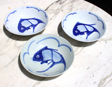 Chinese Blue & White Porcelain Koi Fish Carp Bowls Vintage Set Of 3 picture