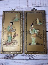 Set Of 2 Chinese Mother Of Pearl Hand Painting Art Picture Wall Decor Geisha picture
