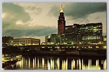 Night View Cleveland Skyline Terminal Tower Cuyahoga River Chrome Postcard 1960s picture