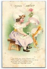 1911 Easter Girl Hatched Egg Hat With Flowers Clapsaddle Racine MN Postcard picture