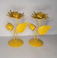 Golden Sunshine Mustard Yellow Metal Daisy Sunflower Tealight Candle Holders Set picture