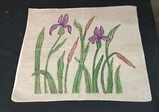 VINTAGE ARTS & CRAFTS EMBROIDERED LINEN PILLOWCASE WITH CATTAILS & IRIS picture