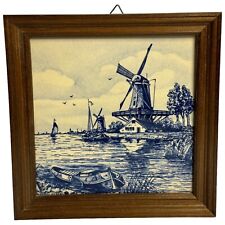 Vtg Dutch Blue Tableau TILE Windmill Waterfront Boats  7” Square No Markings picture