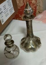 Lot 2 Vintage Art Nouveau Silver Overlay Glass Perfume Bottle Ca 1905-40 W/ Lids picture