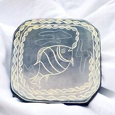 Vintage Hand Carved Fish Blue Soapstone Coaster Single 3.25”D picture