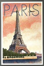Paris, France - Eiffel Tower & River - Lithograph Style - Lantern Press Postcard picture