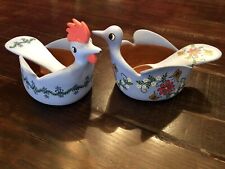 Oaxaca Ceramic Pottery Rooster Hen 2 Bowl Set & Serving Spoons Vintage picture