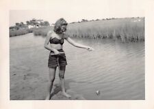 Old Photo Snapshot Pretty Woman Glasses fishing Z38 picture