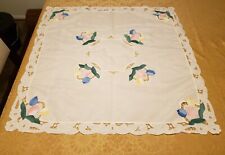 Vintage Hand Appliqued Square Card Table Tablecloth Floral Lace Scalloped Edge picture