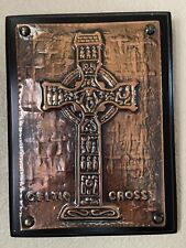 Vintage RATHBANNA Ireland Celtic Cross Pressed Copper on Wood Wall Plaque 8 x 6 picture