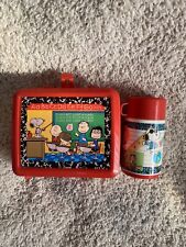 Vintage Peanuts Lunch Box Red Rare Classroom Box Plastic W Thermos Good picture