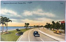 Tampa Florida FL Bayshore Blvd c1940s Old Cars Linen Postcard UNP Bay View picture