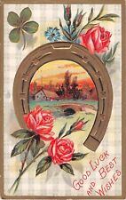 Horseshoe Framing Rural Scene by Pink Roses & 4-Leaf Clover-1909 Good Luck PC picture