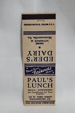 Vintage Paul's Lunch Eder's Dairy Matchbook Cover Williamsport PA Advertising picture