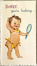 Unused Birthday Cute Baby Being Adult Bikini Mirror Vtg Greeting Card 1960s picture