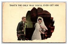 Vintage 1915 Humor Postcard Bride Dragging Groom to the Altar with Rope FUNNY picture