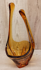 MCM Viking Art Glass Epic Open Vase-Basket Gold Amber Swung Stretched Handle picture
