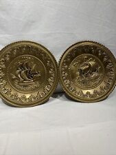 Vintage Brass Embossed Ship Plate Wall Hanging England Galleon Ocean Lot Of 2 picture