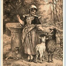 c1880s Lovely Young Woman Feeding Goats Tan Blue Litho Trade Card Cute Lady C30 picture